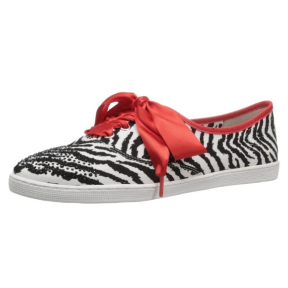 J.Renee Women's Schooner Designers Rhinestones Zebra Sneaker Red Satin Ribbon 10 - Picture 1 of 17